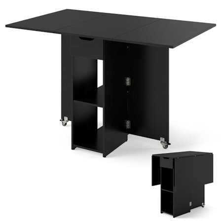 Sammenklappeligt spisebord med hjul, hylder og skuffe