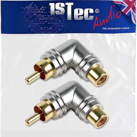 Par af højre vinklede 90 graders guldbelagte RCA Phono albue-type adaptere til vinkelændring af L+R stereo lyd- eller AV-videokabel