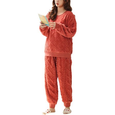 HAUFR Dame Fluffy Fleece Pysjamas Set 2 Del Varm Fleece Pyjamas Set Mykt Nattøy Langermet Crewneck Lommer Bukser -1