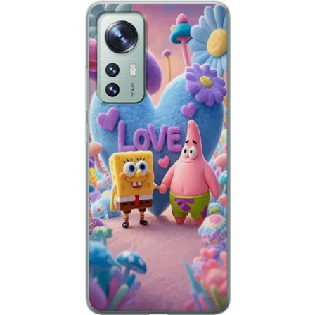 Kompatibel Mobilcover til Xiaomi Xiaomi 12 Svampbob og Patrik kærlighed pastelfarvet design med farverige hjerter, blomster og positiv energi