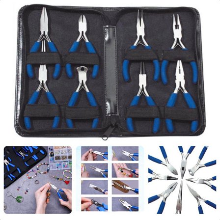 8-delt Mini Tangsæt med Opbevaringsetui, Tangsæt, Mini Tang, 110-145mm, Intern V-form og Skærpet Hoved i Etui, Inklusive E-BOG