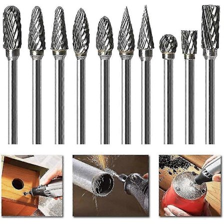 Fresesett for Dremel, dobbeltkutt karbid slipebits sett med 1/8" skaft, sølv, 10 stk