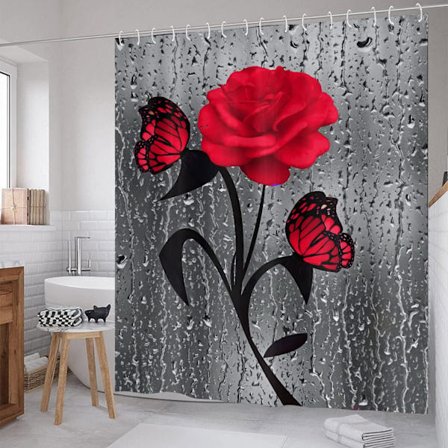 Suuri punainen kukka ja perhonen musta kukkahaara vedenpitävä suihkuverho