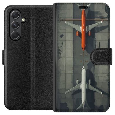 Yhteensopiva Lompakkokotelo Samsung Samsung Galaxy A05s Ilmakuva kahdesta matkustajalentokoneesta kiitotiepinnassa, symmetrinen moderni ilmailukuva ma