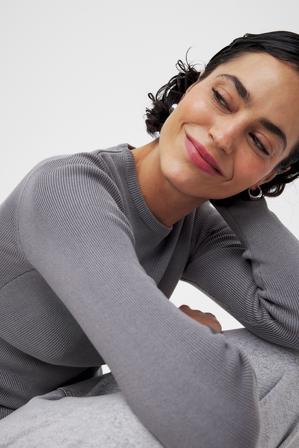 NA-KD Ribbstickad topp - Långärmade t-shirts - Grå - XL (EU 46)