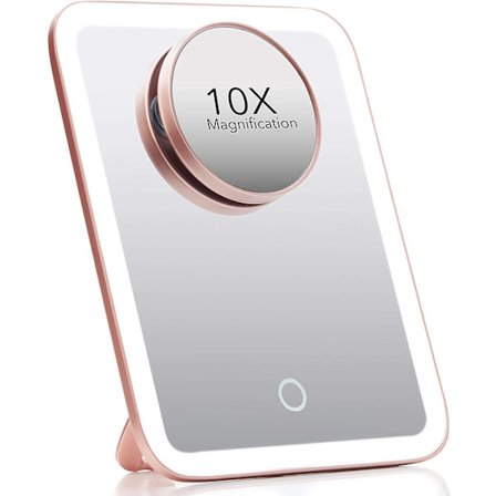 Bärbar LED-smink spegel, resespegel med ljus, 3 färginställningar och 10x förstoringsspegel, upplyst smink spegel med belysning, touch S