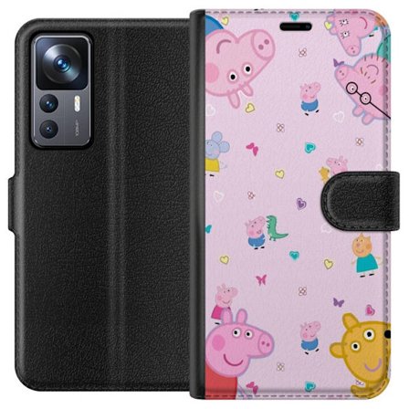 Kompatibelt Lommeboketui til Xiaomi 12T Pro Peppa Gris med en baby i armene, mamma gris motiv i fargerik og myk barneillustrasjon med hjerter