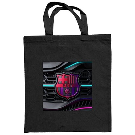 Stoffpose Futuristiskt FC Barcelona-emblem i neonfarger pa en mork teknisk bakgrunn med metalliske former og moderne sportsdesign