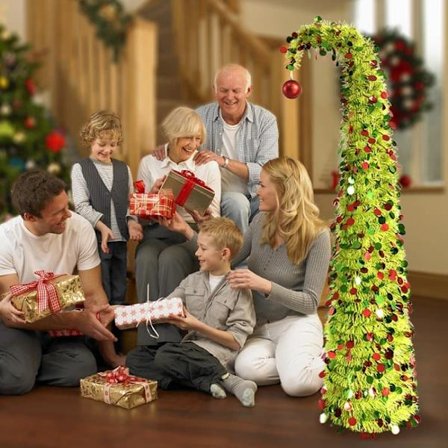 1,5M Pop-up Juletre Buet Plasttre med Røde Kuler Limegrønn Glitter Juledekorasjon for Hjem Kontor