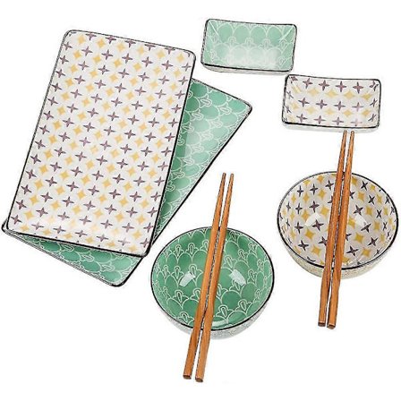 Sushiplatta i porslin för 2 personer. Japansk stil, keramik, svart och vit, 6 delar