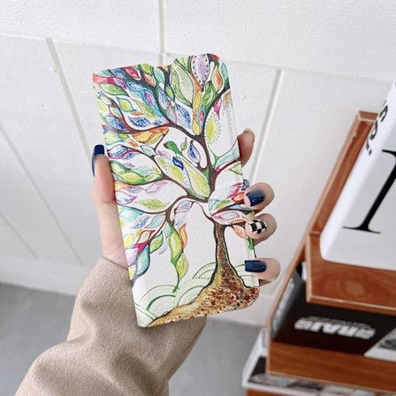 Etui til iPhone 16 E Happy Tree-Wallet Telefonetui RFID-blokering Pung med Kortholder Spænde Kreativ Fuld Krops Flip