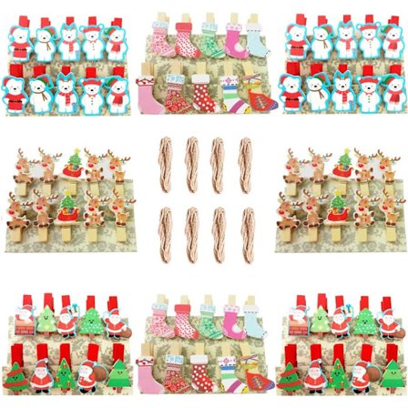 80 stk. Mini klesklyper i tre Dekorasjon med snorer Julenisse Bjørn Hjort Tre