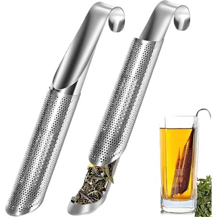 Tefilterförpackning, tefilter i rostfritt stål, tediffusor-silar, återanvändbar teinfusionsrör med finmaskigt tefilter, sil med långt handtag, lös