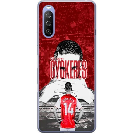 Yhteensopiva Puhelinkuori Sony Xperia 10 III Lite Punainen dramaattinen kollaasikuva, jossa esiintyy Viktor Gyökeresin muotokuva ja pelaajia takaapäin