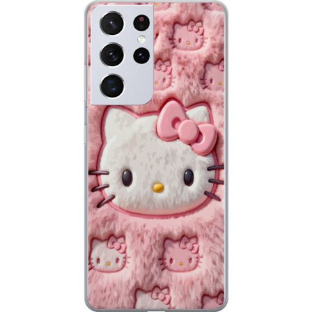 Kompatibel Mobilcover til Samsung Galaxy S21 Ultra 5G Hello Kitty lyserød fluffy baggrund med ikonisk ansigt og kawaii-æstetik
