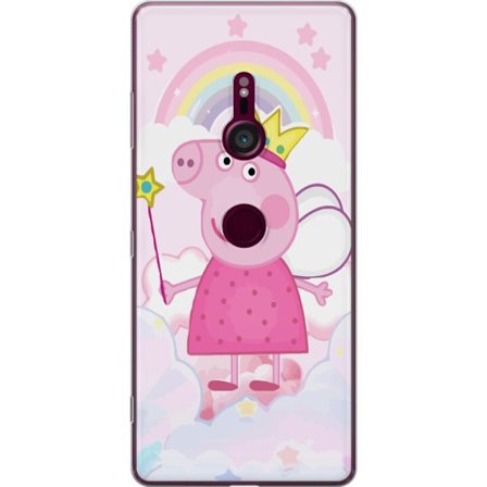 Yhteensopiva Puhelinkuori Sony Xperia XZ3 Peppa Pig prinsessamotiivi kruunulla, siivillä ja sateenkaarella, satumainen lasten kuvitus pilvitaustalla