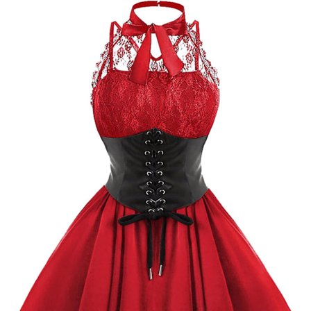 Ärmlös Gotisk Spetsklänning för Kvinnor 80-tals Festklänning Korsett Halter Spets Swing Cocktail RED