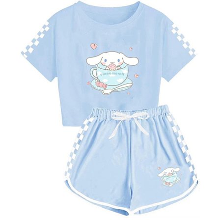 Barn Sanrio Cinnamoroll Trykt Treningsdress Sett Kortarmet T-skjorte + Shorts Antrekk Lyseblå_yux