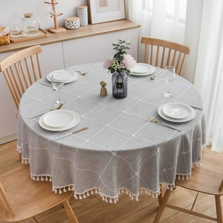 Jacquard-pyöreä pöytäliina, koristeellinen puuvilla-pellava-tasku, konepesu, halkaisija 180 cm, vaaleanharmaa