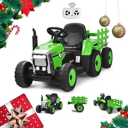 COSTWAY 12V Elektrisk Traktor til Børn - Skovl & Aftagelig Trailer, 6 Dæk & LED & Horn, 2,4G Fjernbetjening, 3-6km/h, Grøn