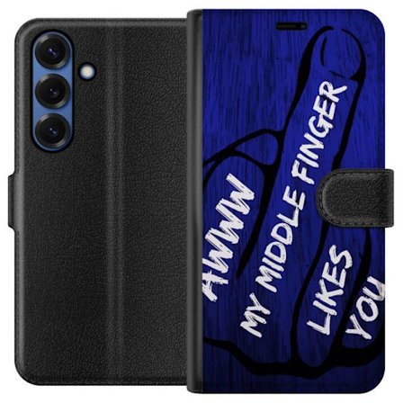 Kompatibelt Lommeboketui til Samsung Galaxy S25+ Mørk typografisk illustrasjon med hjerteform og budskap om vennskap mot dyp blå tretekstur