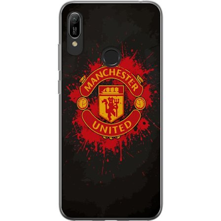 Kompatibelt Mobildeksel til Huawei Huawei Y6 (2019) Manchester United logo i rød og gul farge med røff sportslig bakgrunn