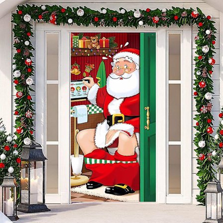 Juldekorationer för fest, Rolig Jultomte Toalett Dörröverdrag Tyg Jultomte Toalett Bakgrund Banner för Juldörrdekorationer