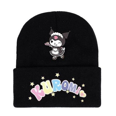 Anime Kuromi Trykket Oppbrettet Strikket Beanie Lue Kawaii Søt Tegneserie Vinter Varm Skilue Dame Jenter Gaver