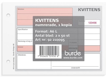 BURDE Blankett kvittensblock A6L 2x50 blad med kopia - Lyreco - Kontorsmaterial - Blanketter och bokföring - Blanketter