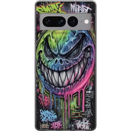 Kompatibelt Mobildeksel til Google Pixel 7 Pro Fargerik graffitiillustrasjon av et ondskapsfullt smilende monsteransikt med dryppende neonfarge