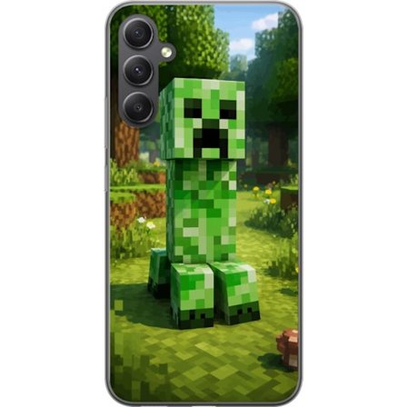 Kompatibelt Mobilskal till Samsung Samsung Galaxy A35 Block-baserad Creeper-figur i en grön pixell värld, ikonisk spelillustration för barnrum, gam