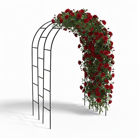 Metallinen puutarhakaari kiipeilykasveille, kolmoiskaarinen muotoilu