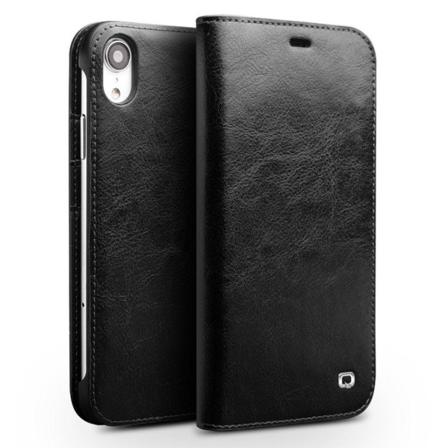 QIALINO iPhone Xr mobilfodral genuin läder koskinn plast plånbok – Svart Svart