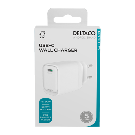Deltaco USB-C wall charger, 1x USB-C PD, 20 W, white