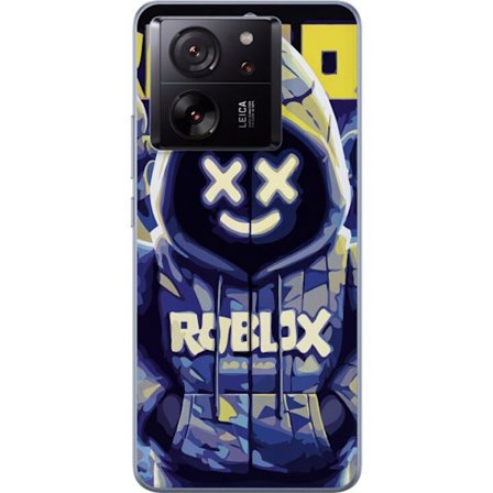 Kompatibel Mobilcover til Xiaomi Xiaomi 13T Blågul Roblox hættetrøje-figur med minimalistisk neonstil og mesh-ansigt, moderne spilillustration til