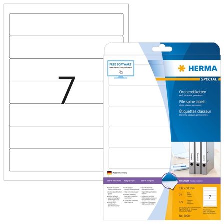 Herma Special - Papir - matt - permanent selv-adhesiv - hvit - 192 x 38 mm 175 etikett(er) (25 ark x 7) opake arkivmappeetiketter