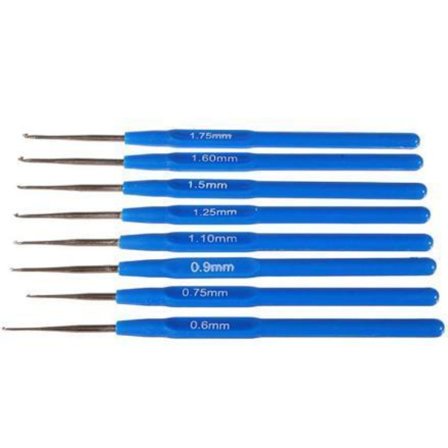 N036 - Set med 8 st. virknålar med blått handtag