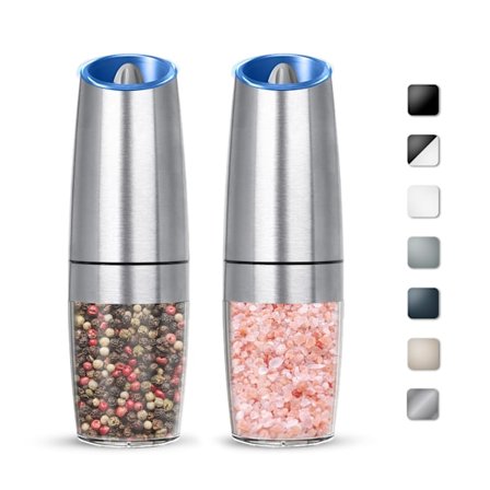 Elektriskt salt- och pepparkvarnset med automatisk gravitationssalt- och pepparkvarnset Batteridriven justerbar grovhet LED-lampa 2-pack Silver