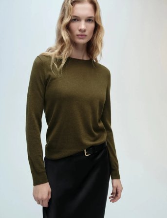Mango Wool-Blend Round-Neck Sweater - Khaki green - S