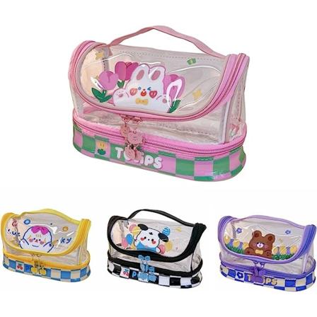Kawaii pennal, tegneserie gjennomsiktig pennal med dobbelt lag stor kapasitet Flower Rui Rui Rabbit