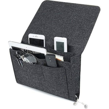 Organiserare, filt sängficka hängande sängväska för flaskor, glasögon, tidning, telefon, fjärrkontroll, bok (mörkgrå)