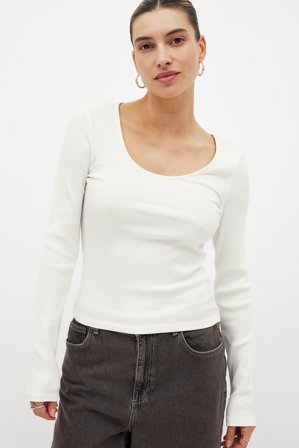 NA-KD Scoop Neck Ribbed Top - Basic toppe - Råhvid - XS