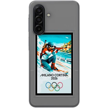 Kompatibelt Mobildeksel til Samsung Galaxy A17 5G Retroplakat Cortina Milano 2026 med fjell, vintersportsutøvere, italienske trikolor, Milano-katedral
