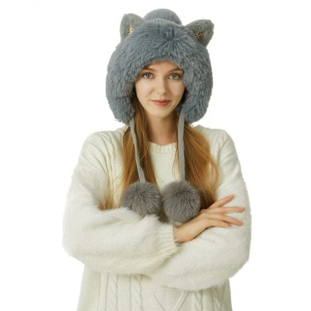 Dame vinter søt peruansk Gael-Ear Beanie Earmuffs Sherpa Snow Hat strikket fleeceforet 3 Pom Poms, grå