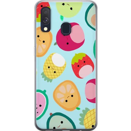 Yhteensopiva Puhelinkuori Samsung Galaxy A40 Kawaii-hedelmien kuvioita, kuten mansikkaa, sitruunaa, ananasta ja avokadoa vaaleansinisellä taustalla