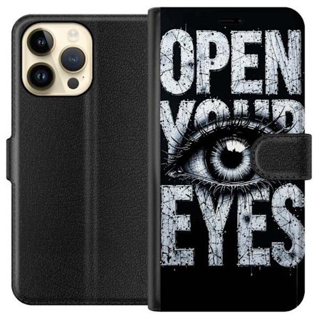 Kompatibel Tegnebogsetui til Apple Apple iPhone 15 Pro Max Mørk typografisk illustration med øje og teksten Åbn dine øjne, stærk kontrast og rå