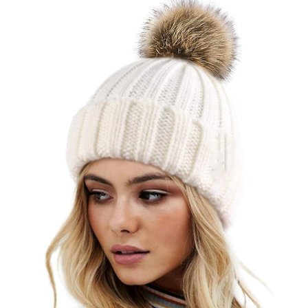 Vinterstrikkede luer med brem for kvinner og fuskepelsdusker - Varme strikkeluer for damer