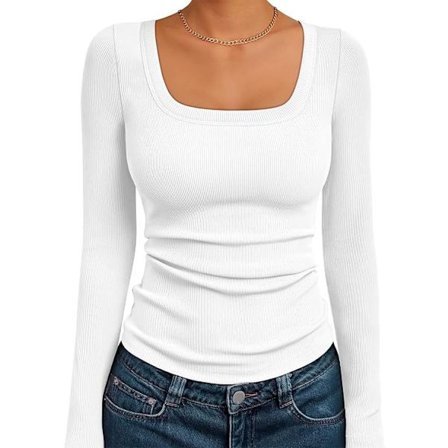 Ribbad topp med fyrkantig hals för dam, långärmad slim-fit baströja