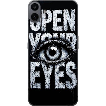 Kompatibelt Mobildeksel til Nothing Nothing CMF Phone 1 Mørk typografisk illustrasjon med øye og teksten Open Your Eyes, sterk kontrast og rå kunst