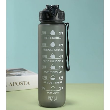 Tidsmarkert vannflaske med sugerør, stor kapasitet 1000 ml, bærbar tau-trekk, plast sportsflaske for utendørs trening